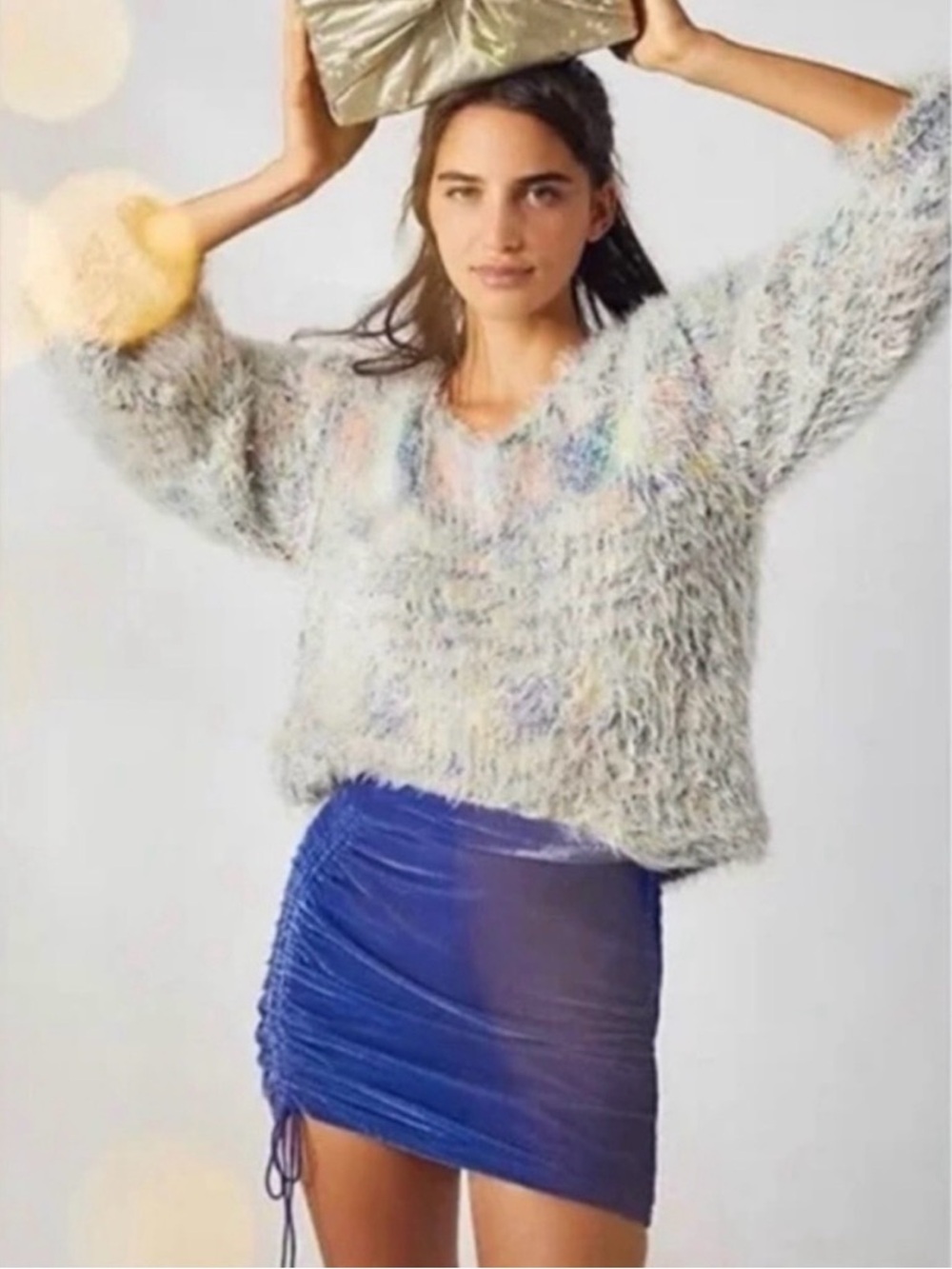 Free People Balloon Sleeve Fuzzy Gelato Pullover Sweater Pastel Rainbow Small